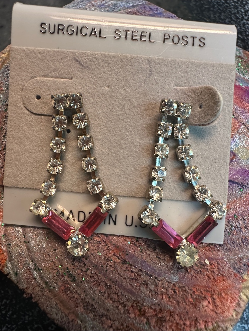 Retro Antique Pink and Clear Crystal Drop Earrings via